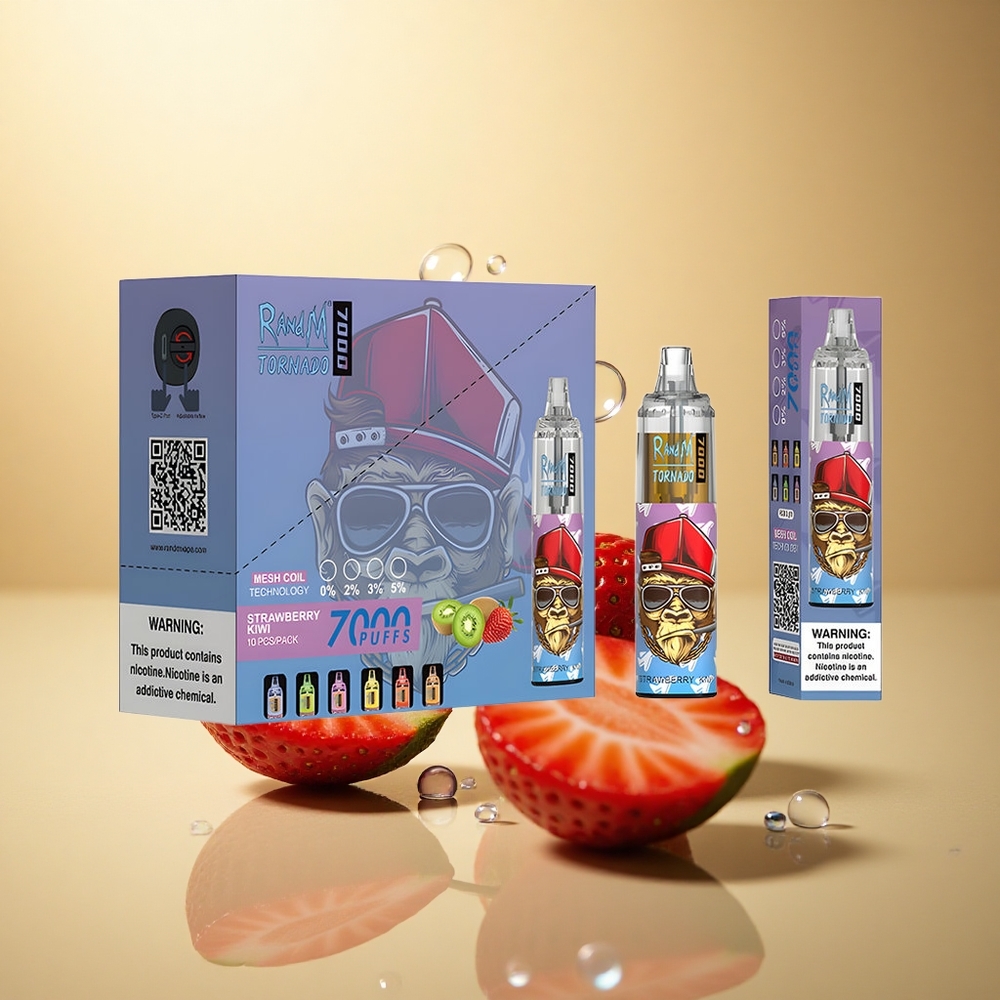 RandM Fumot Tornado 7000 Puffs תות-קיווי עם 5% ניקוטין וסוללת 850 mAh