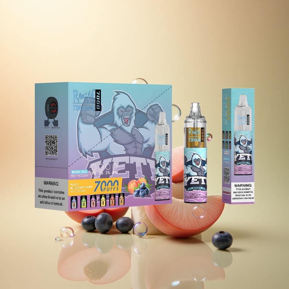 RandM Fumot Tornado 7000 Puffs סוכריות אפרסק ואוכמניות עם 5% ניקוטין ו-850 mAh