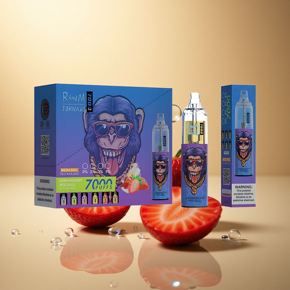 RandM Fumot Tornado 7000 Puffs תות שדה אדום בול עם סוללת 850mAh וניקוטין 5%