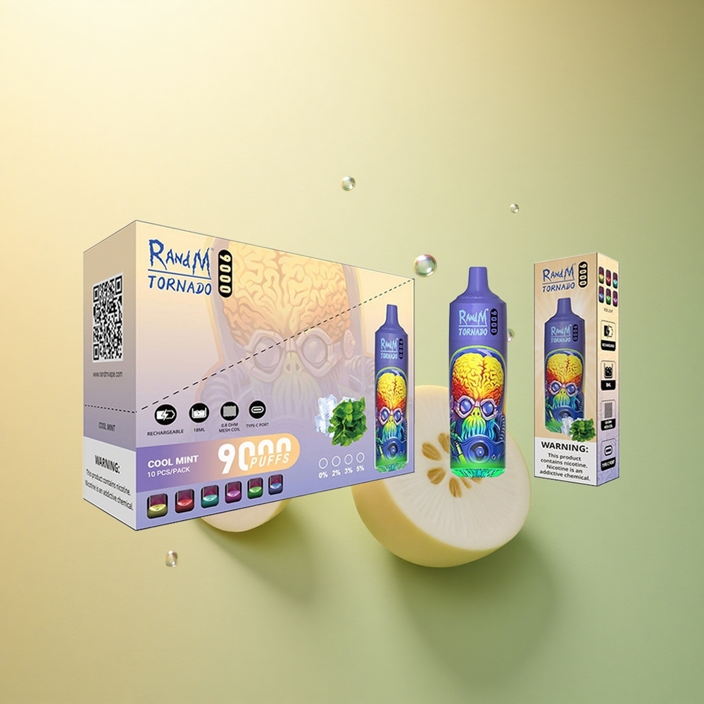 RandM Fumot Tornado 9000 Puffs מנטה קרירה עם סוללה של 850 mAh וסליל מש