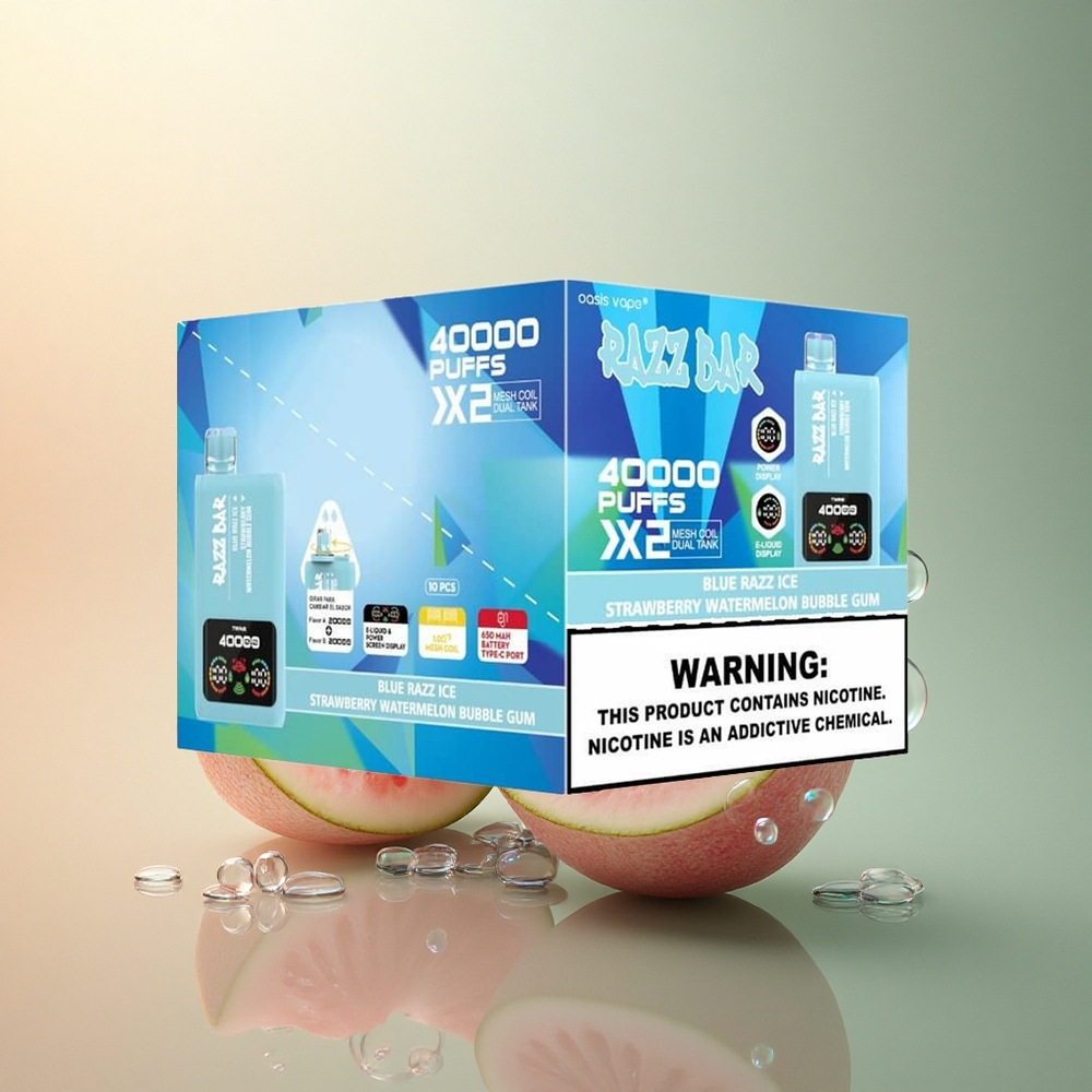 Razz Bar 40000 Puffs בלו ראז קרח-אבטיח תות מסטיק עם סוללת 650mAh ותוכן ניקוטין 5%