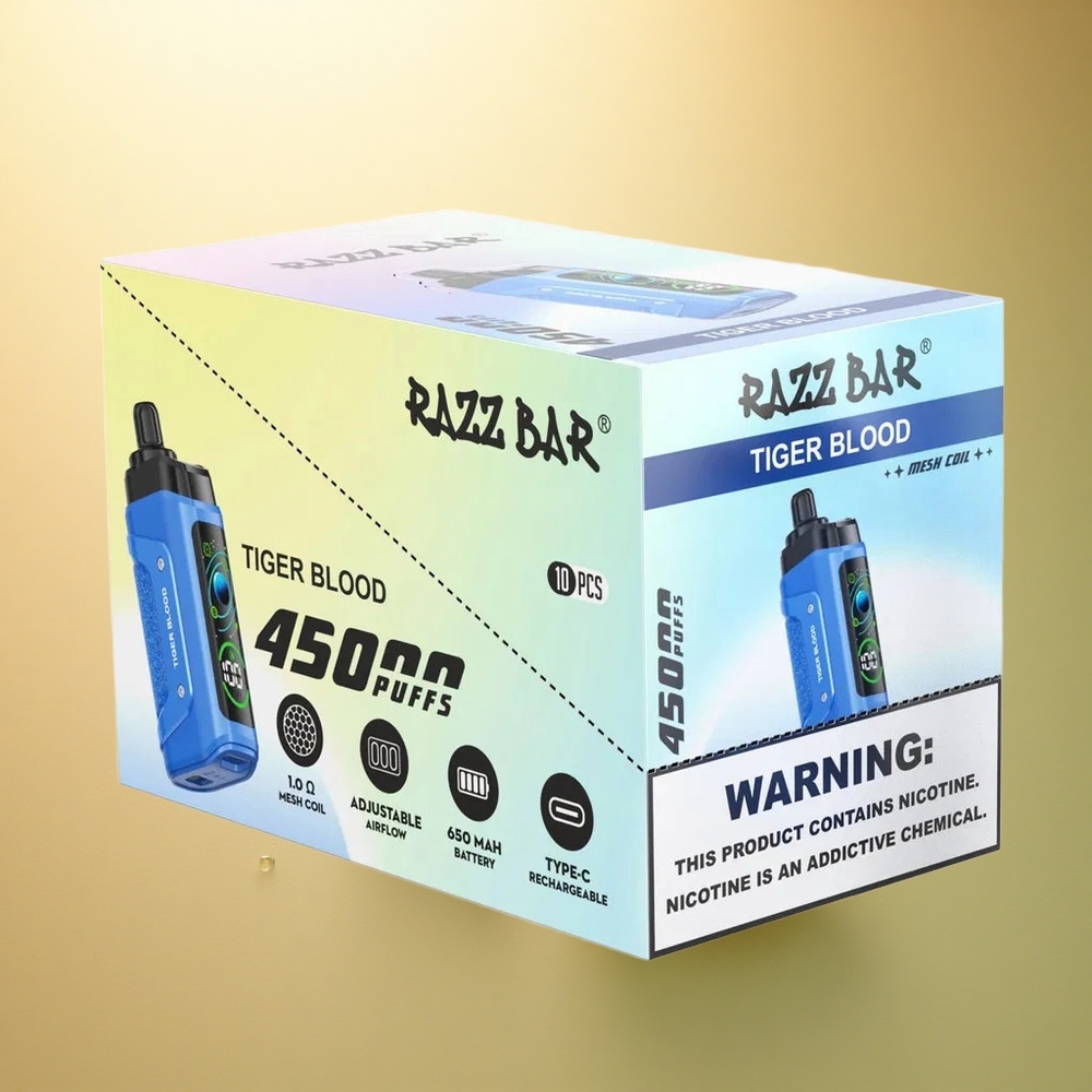 Razz Bar 45000 Puffs דם הנמר עם סליל משי 1.0 אוהם וניקוטין 20 מג/מל