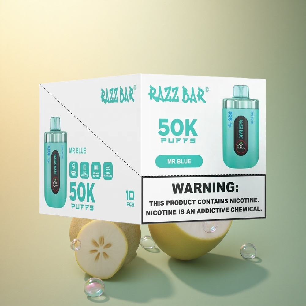Razz Bar 50K Puffs מיסטר בלו טיפוס 1.0 אוהם סוללה 650 מיליאמפר ניקוטין 2%