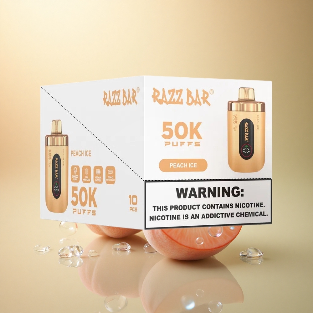 Razz Bar 50K Puffs אפרסק קרח עם סליל משי 1.0 אוהם ו-650 mAh
