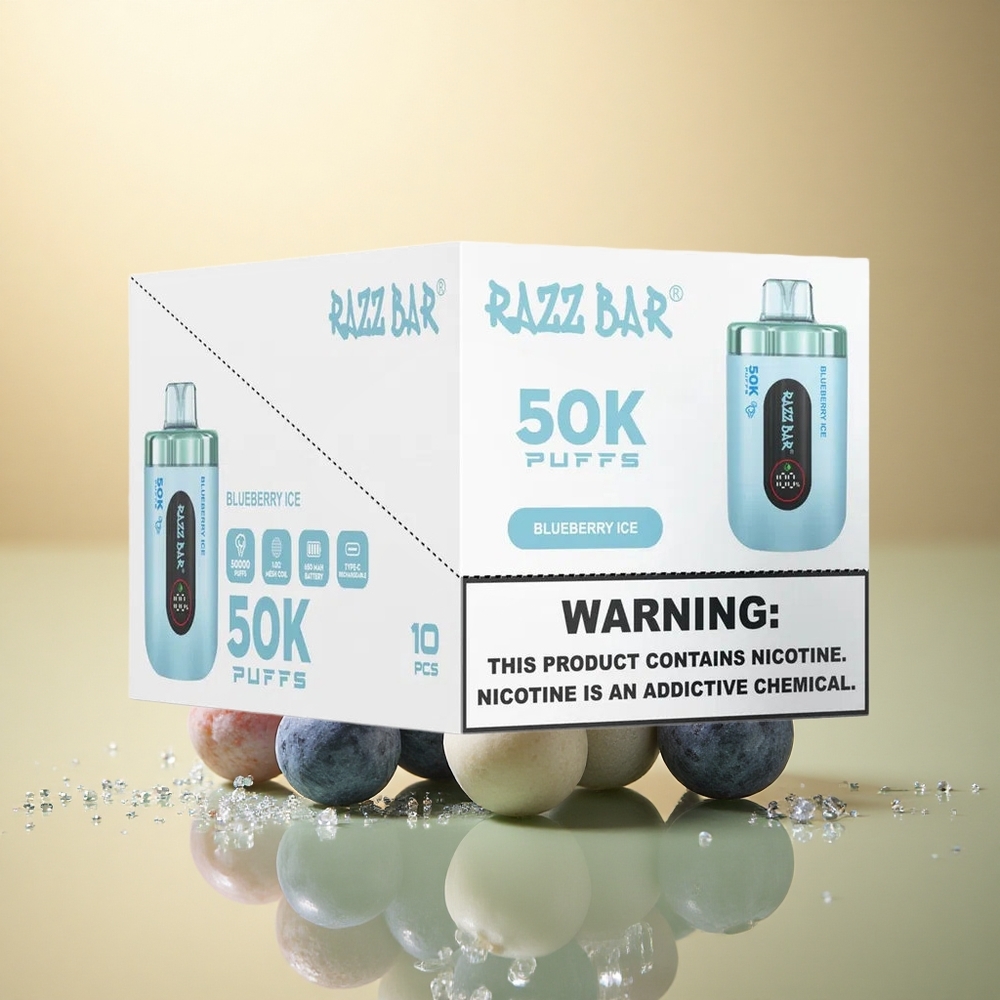 Razz Bar 50K Puffs אוכמניות קרח עם סליל מש 1.0 אוהם סוללת 650 mAh