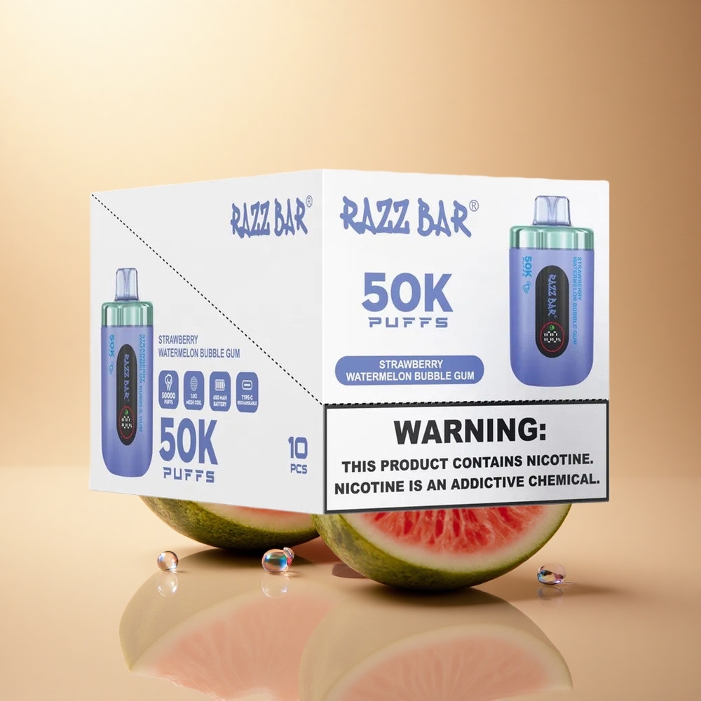 Razz Bar 50K Puffs תות אבטיח מסטיק בועות עם סליל 1.0 אוהם ו-650 mAh